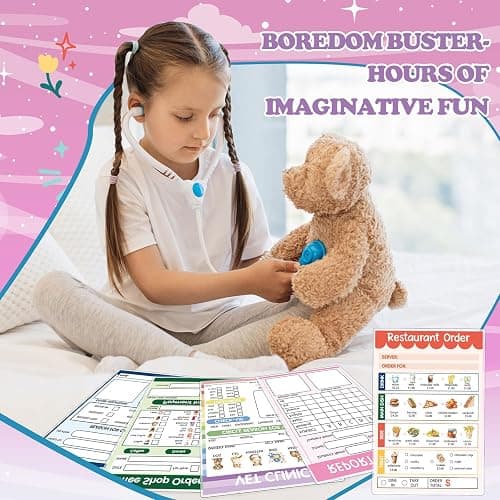 Eaasty 15 Pcs Kids Pretend Game Cards Set Include 6 Reusable Dry Erase Pads 6.3" x 8.7" 1 Canvas Bag 8 Erasable Markers for Imaginative Role Playtime Doctor Police Teacher Vet Coffee Restaurant thumbnail 4