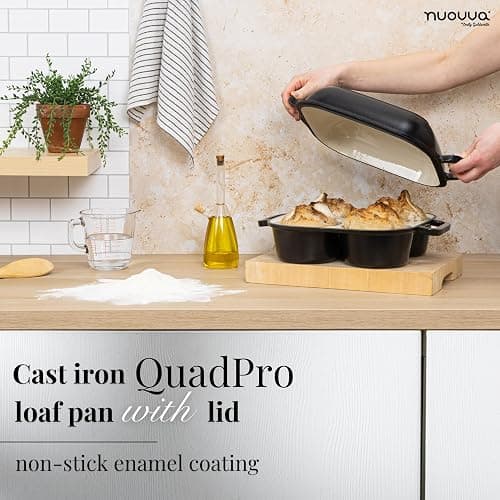 QuadPro Enamelled Cast Iron Bread Loaf Pot – Dutch Oven for Sourdough Bread Baking – 500°F Oven Safe Non Stick Bread Pot – 4 Round Loaf Spaces (4.90-inch Diameter), Black – by Nuovva thumbnail 5