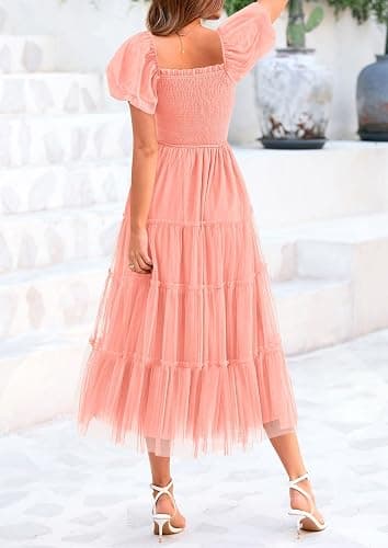 PRETTYGARDEN Women's Smocked Midi Tulle Dress 2026 Summer Puffy Short Sleeve Square Neck Ruffle Wedding Guest Party Dresses thumbnail 2