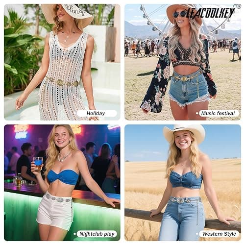 LEACOOLKEY Women Turquoise Concho Chain Waist Belt Silver Western Cowgirl Metal Chain Belt for Dress Adjustable thumbnail 6
