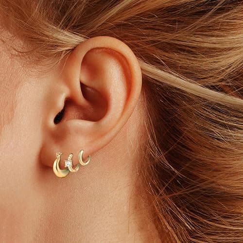 Wgoud Small Gold Hoop Earrings Set for Women, 6 Pairs 14K Gold Plated Hypoallergenic Lightweight Huggie Hoops Earrings, Gold Cartilage Cubic Zirconia Earrings for Women Gifts. thumbnail 2