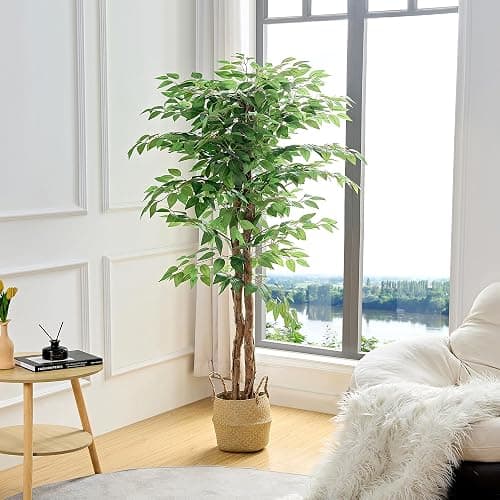 VECELO Ficus Tree Artificial 6 Feet, Tall Faux Tree in Pot, Fake Floor Plant with Realistic Tree Branch & Silk Leaves for Home Office Indoor Decor thumbnail 3