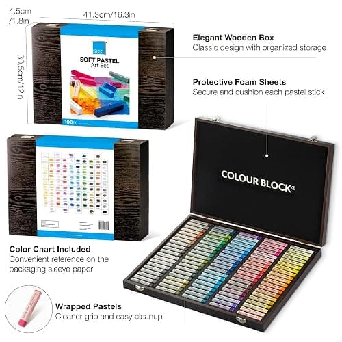 COLOUR BLOCK Soft Pastels for Artists - 100 Colors Square Chalk Pastels Set in Wooden Box - Vibrant Pigments Art Kit for Painting, Drawing, Sketching, Hobbyists, Students and Kids. thumbnail 7