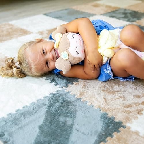 16 Piece Carpet Squares Puzzle Mat 49" x 49" Plush Interlocking Carpet Tiles, Foam Floor Tiles for Baby Play Mat - Kids Soft Play Mats Anti Slip Jigsaw Flooring Playmat Playroom Rug (Brown,Gray,White) thumbnail 2