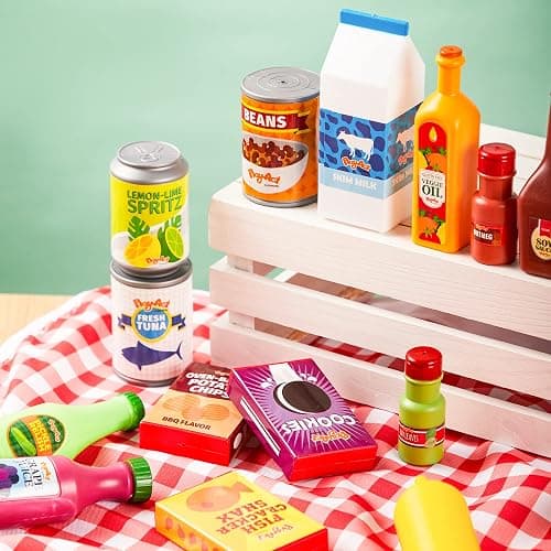 JOYIN 30Pcs Play Food Grocery Cans, Play Kitchen Accessories, Includes Drink, Juice, Jar, Seasoning, Water Bottle, Sauce, Yogurt, Ice Cream, Snack Box, Kids Gifts & Indoor Toys thumbnail 8