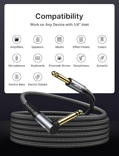 JSAUX Guitar Cable 10 ft, Amp Cord for Electric Guitar/Mandolin/Bass, Pro Audio Instrument Cable with 1/4" Tips(TS Port) Right Angle to Straight-Gray thumbnail 4