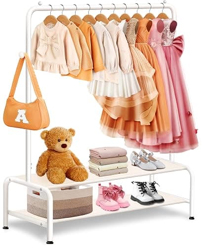 Kids Clothing Rack - Dress Up Clothes Rack - Baby Toddler Closet - Mini Freestanding Coat Racks with 2 Fabric Shelves - Small Kids Costume Wardrobe - Garment Rack for Hanging Clothes Organizer - Image 1