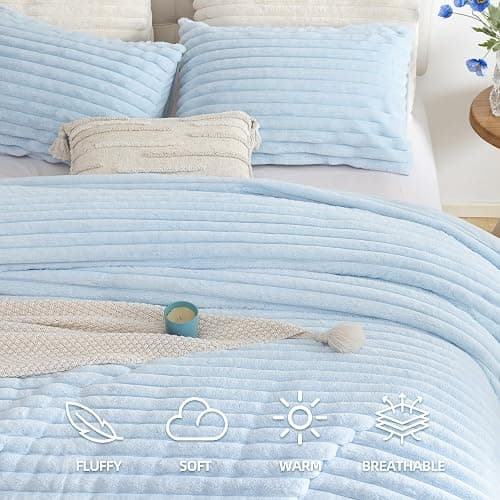 Smoofy Fluffy Queen Size Comforter 3 PCS - Light Blue Fleece Bedding Set | Luxury Fuzzy Plush & Super Soft Bed Set All Season, Heavy Cozy Warm Faux Fur Stripe Comforter with 2 Pillow Cases thumbnail 2