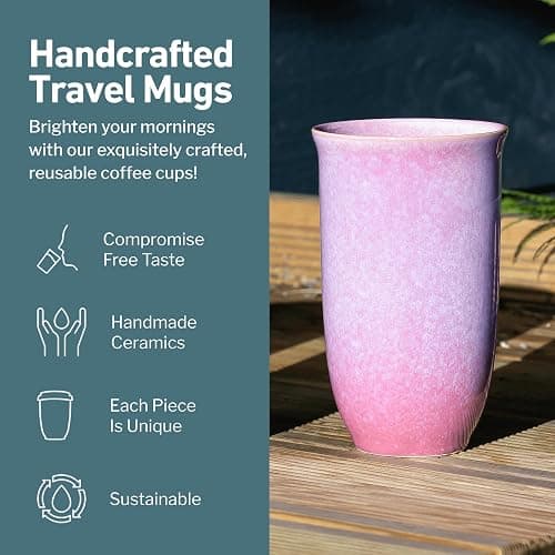 NOVA CERAMICS Coffee Travel Mug – Cup Holder Friendly Travel Mug– Microwave & Dishwasher Safe White & Purple Tumbler - Coffee Mug Fits In Cup Holder – 16oz – Astral Bloom thumbnail 3