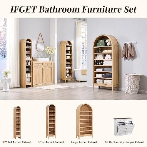 IFGET 71" Tall Arched Shoe Storage Cabinet, 7 Tiers 28 Pairs Wooden Shoe Rack with 3 Adjustable Shelves, Freestanding Shoe Closet Shelf Organizer for Entryway, Hallway, Living Room (Natural) thumbnail 6