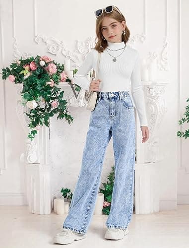 Fulihug Girls Wide Leg Jeans Baggy Bow Embroidery High Elastic Waist Denim Pants Cute Y2K Trendy Tween Streetwear 8-16Y thumbnail 2