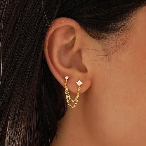 Frodete Double Piercing Earrings Gold Chain for Women Elegant Double Hoop Jewelry Set for Two Holes Everyday Wear Double-Piercing Chains Earring Set - Image 1