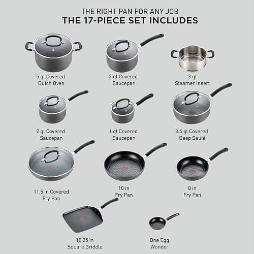 T-Fal Ultimate Hard Anodized Nonstick Cookware Set 17 Piece, Nonstick Pots and Pans Set with Fry Pan, Saucepans, Saute-Pan, Griddle, Dishwasher Safe, Black thumbnail 2