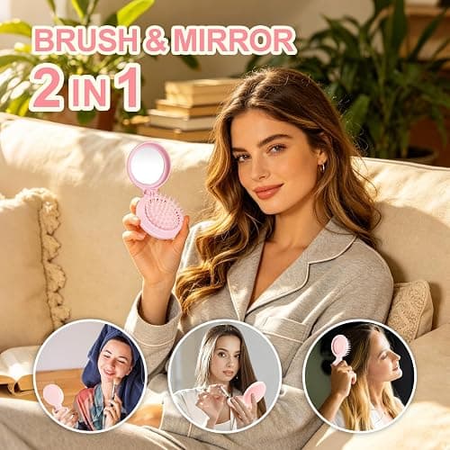 Jurrissa Folding Hair Brush with Mirror for Women Men and Kids，Portable Compact Hair Brush for Purse Pocket Bags, Travel Size Foldable brush with Case, Easy to Carry(Pink) thumbnail 3