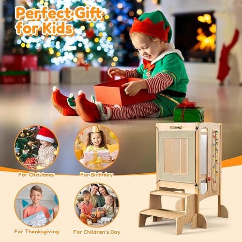 FlyingBoom Foldable Toddler Tower, Kitchen Stool Helper with 2 Step Stool, Toddler Standing Tower for Kids with Safety Net, Adjustable Height, Chalk-Whiteboard &Montessori Activity Games thumbnail 8