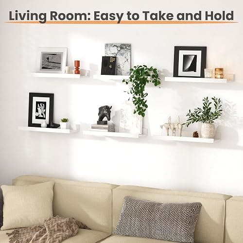 upsimples Floating Shelves for Wall, Wall Shelves for Decor Storage Set of 6, Wall Mounted Wood Shelf for Bedroom, Living Room, Bathroom, Kitchen, Picture Ledge Shelf, White thumbnail 4