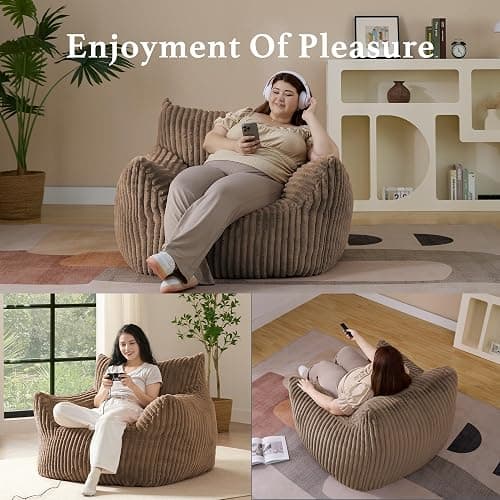 Giant Plush Bean Bag Chair for Adults with Armrests - Oversized Comfy Khaki Beanbag Lounge Lazy Floor Sofa Chair for Living Room, Bedroom & Dorm, Cozy Fluffy Single Cloud Mini Couch - XL Sofa Chair - Khaki thumbnail 5