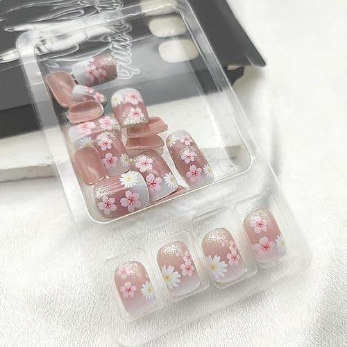 Flower Press on Nails Short Square Fake Nails with Floral Glitter Designs Spring Nails Press ons Pink White Glue on Nails Cute False Nails Summer Stick on Nails for Women 24Pcs thumbnail 2