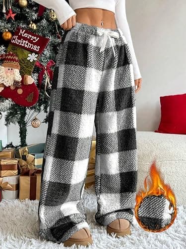 ZAFUL Women's Fuzzy Plush Pajama Pants Drawstring Elastic Waist Wide Leg Teddy Pj Bottoms Lounge Pants thumbnail 3