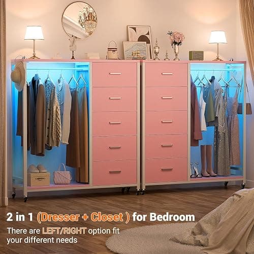 iSunirm 2 in 1 Chest of Drawers, Dresser for Bedroom,5 Fabric Drawers Dresser with LED Lights & Charging Station,Open Wardrobe with Clothes Rack,Pink thumbnail 6