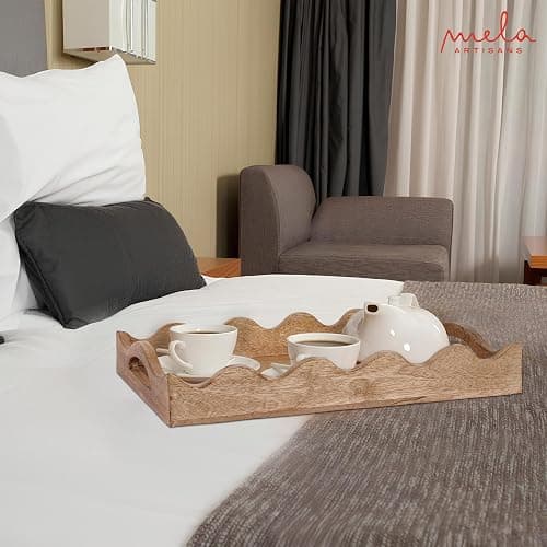 Mela Artisans Ottoman Wooden Serving Tray | Medium, Scallop White Burnt | Decorative Mango Wood | Serve Breakfast, Other Foods, Coffee and Tea | Rustic Home Decor | 14" x 10” x 2.5” thumbnail 6