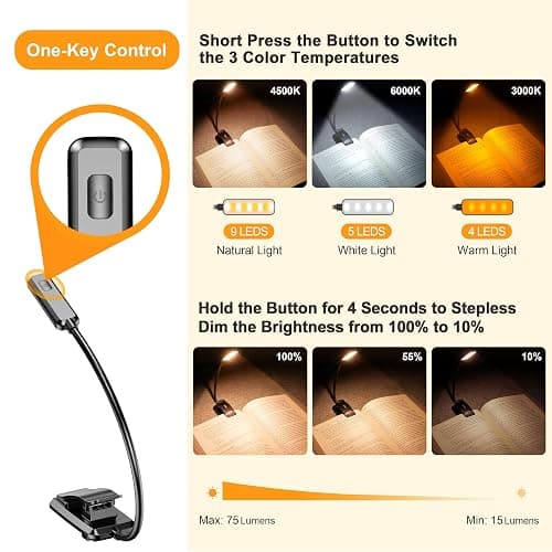 Gritin 9 LED Rechargeable Book Light for Reading in Bed - Eye Caring 3 Color Temperatures,Stepless Dimming Brightness,80 Hrs Runtime Small Lightweight Clip On Book Reading Light for Studying - Black thumbnail 3