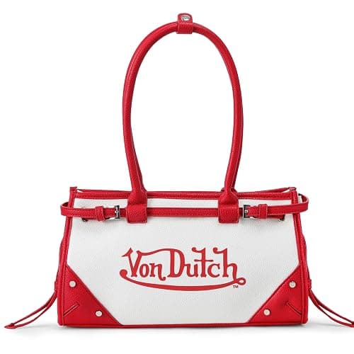 Von Dutch Lane Shoulder Bag | 12.75” Two-Tone Vegan Leather & Denim Handbag with Logo Detail, Long Handles & Branded Lining - Image 1