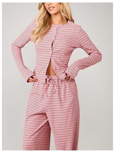  Women's 2 Piece Sets Striped Button Down Shirts Pants | Fall Outfits, Long Sleeve Shirts, Wide Leg Pants, Matching Set, Loungewear thumbnail 2