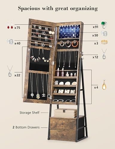 Nicetree Jewelry Cabinet Armoire with 2 Drawers, Lockable Standing Jewelry Mirror Cabinet, Full Length Mirror with Jewelry Storage, Rustic Brown thumbnail 5