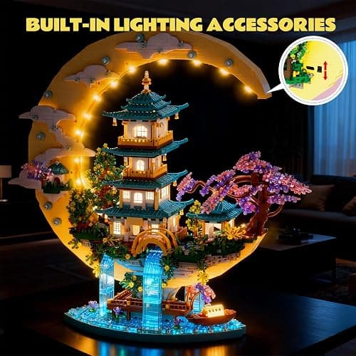 HJPLPXH Chinese Moon Palace Architecture Building Set,Cherry Blossom Bonsai Bricks, Micro Japanese Sakura Tree House Model,Moon-Themed Building Kit.Ideal Gift for Adults & Teens. thumbnail 6