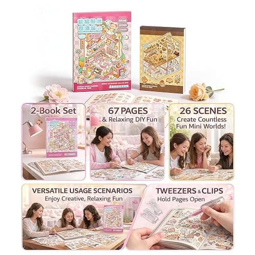 WEINSYT 3D Sticker Scene Book for Adults - 2-Book Set Cute Sticker Books with Scenes, DIY Miniature Scene Sticker Books, Stress Relief Activity Kit with Tweezers & Clips Included thumbnail 3