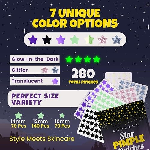 280Pcs Star Pimple Patches for Face - Pimple Patches Cute Stars - Hydrocolloid, Salicylic Acid, Tea Tree Oil, Centella - Glitter, Regular, Glow in the Dark, Translucent 7 Colors, 3 Sizes Zit Stickers thumbnail 2