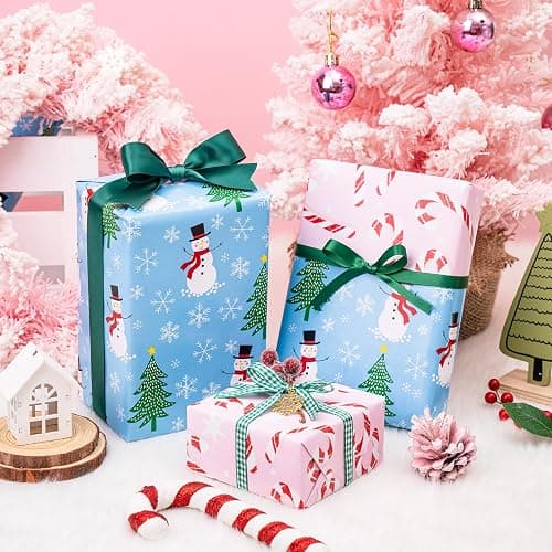 LeZakaa Christmas Wrapping Paper for Kids, Mini Roll, Red Truck, Snowman Christmas Tree in Blue & Pink Candy Cane Reversible Design for Winter Holiday Family Gathering, 17 inches x 32.8 Feet thumbnail 2