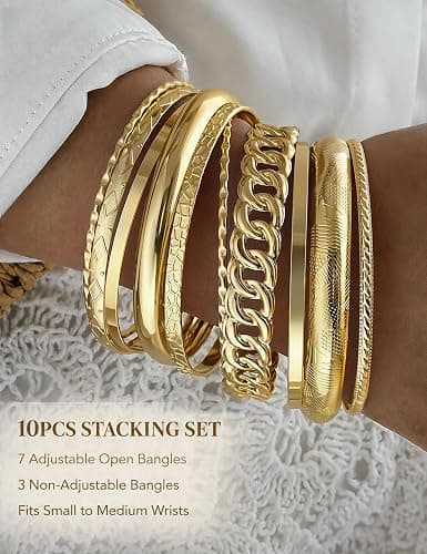 ÌF ME Gold Bangle Bracelets for Women, Indian Bangles Stackable Set, Multi Layer Textured 18K Gold Plated Chunky Bracelets Boho Jewelrys Set thumbnail 2