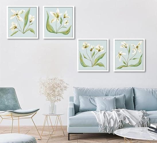Light Blue White Flower Wall Art Southern Coastal Modern Floral Painting Picture Wall Decor Minimalist Botanical Poster Print Artwork for Living Room Bedroom Bathroom Kitchen Home Decoration Unframed thumbnail 5