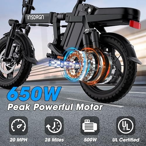 INSDRGN Electric Bike for Adults and Teens,14" Folding Adult E Bike with 650W Peak Motor,20MPH,28Miles Range,Advanced 9-Point Suspension & Dual Disc Brake,Removable Battery,UL 2849 Certified thumbnail 2