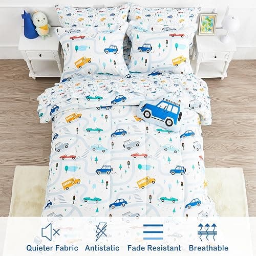 Mooreeke Bed in a Bag for Kids Boys Teens, 6 Pieces Twin Size Comforter Bed Set with Shams, Sheet Set and Decorative Toy Pillow, Cars White Super Soft Microfiber Kids Comforter Bedding Set thumbnail 2