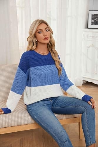 QIANSIQIANBO Women's Striped Color Block Sweater Long Sleeve Crewneck Casual Loose Fit Soft Knit Sweater Pullover Tops thumbnail 5