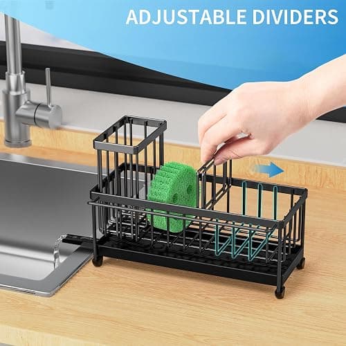 Cisily Sponge Holder for Kitchen Sink with Towel Rack, Sink Caddy with Kitchen High Brush Holder, Organzier Rustproof 304 Stainless Steel Dish Organizer Divider, Soap Dispenser Storage - Black With Towel Rack thumbnail 6