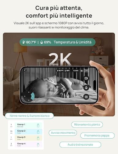 Dr.Care Baby Monitor WiFi 2K, 5", App, supporto a clip & allarme movimento | Tracciamento persone,rilev. suono/movimento/temp./umidità, batt rimov. 5000mAh, portata 390m, visione nott. HD, VistaView RB thumbnail 7