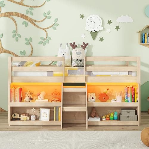 KOTEK Low Loft Bed with LED Lights, Twin Loft Bed with Storage Bookcase & Under-Bed Play Space, Stairs & Guardrails, Loft Bed Frame for Kids (Natural) thumbnail 7