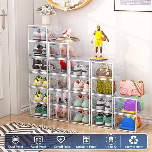 8 Pack Thicken & Clear Shoe Boxes Organizer with Magnetic Door, Stackable Storage Boxes for Shoes, Boot, Sneaker - Harder Plastic Shoe Storage Stackable Shoe Boxes for Closet Shoes Wall, White - White - 8 Pack thumbnail 4
