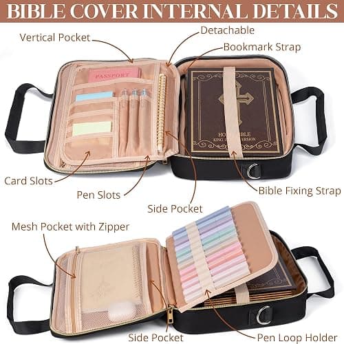 Bible Cover Case for Women, Large Bible Bag w/Shoulder Strap, Bible Study Supplies Journaling Kit Book Carrying Case with Pastel Highlighters 75 Tabs, Valentines Day Christian Gifts for Women Her Mom thumbnail 4