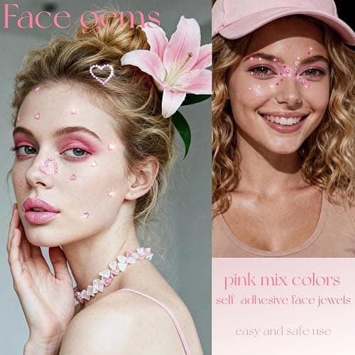 VVPESCA Pink Face Gems Self-Adhesive Hair Stickers Accessories for Women | Pink Hair Gems Bling Heart Star Jewels for Makeup, Festival Stick on Rhinestone Stickers, Glitter Rave Accessories for Girls thumbnail 4