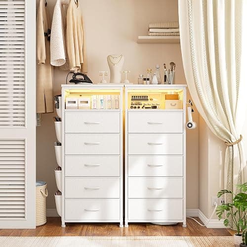 EnHomee Tall Night Stand Set 2 with 5 Drawers, LED Nightstand with Ports & Outlets, White Dresser with Extra Side Bag & Storage Shelf & Hooks, Bedroom, Dorm, Closet thumbnail 8