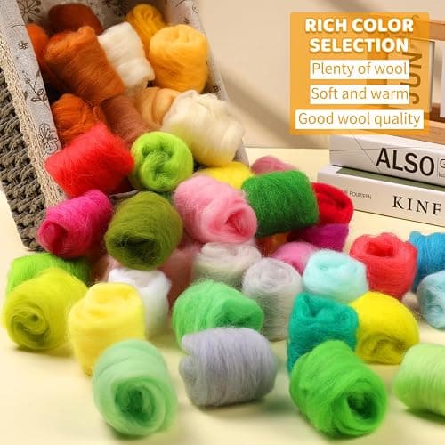 WONVOC 100 Colors Needle Felting Wool, Wool Roving 3g per Color, 10.5 oz Total, Premium Felting Wool for DIY Craft, Fiber Art and Hand Spinning, Needle Felting Supplies, Felting Kit thumbnail 6