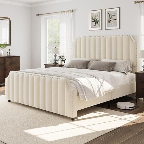 GarveeHome Queen Size Platform Bed Frame with 50.2 in Headboard, Velvet Upholstered Bed Frame Queen with Vertical Channel Tufted Headboard & Footboard, Nailhead Trim, No Box Spring Needed, Cream thumbnail 4