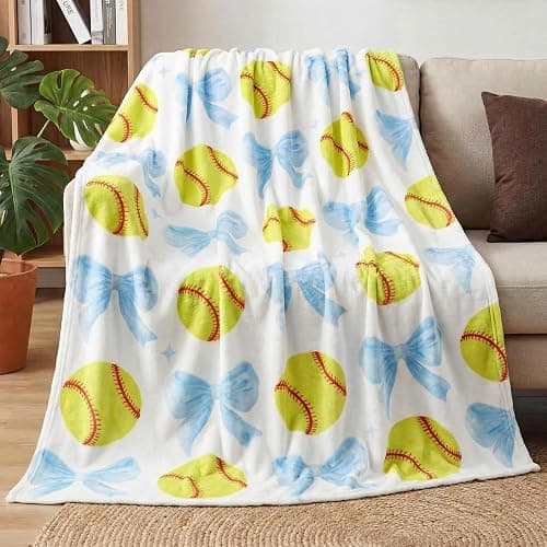 HunnmingRe Softball Blanket 50''x60'', Coquette Blue Bow White Soft Throw Blanket Softball Gifts for Girls Women Team Players Coach Unique Gifts for Sports Lovers - Image 1