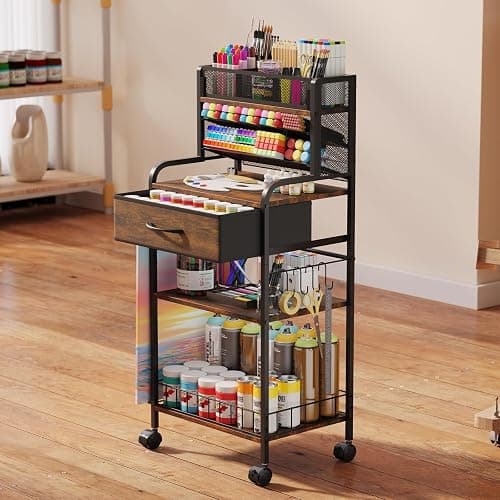 Homsorout Art cart, 3 Tier Rolling Cart - Utility Cart with Storage Drawer and Wheels, Versatile Art & Craft Organizer for Home, Office, or Studio Ideal for Storing Brushes, Paints （Brown） thumbnail 8
