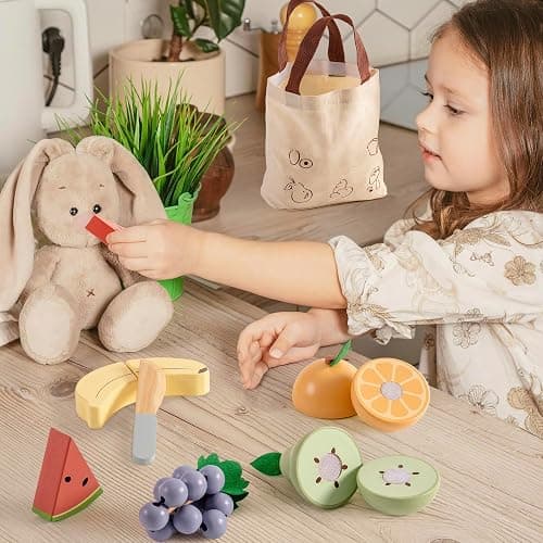 ROBOTIME Wooden Play Food Cutting Fruit Set, Pretend Play Toy Food for Play Kitchen with Shopping Bag – Kids Kitchen Accessories, Wooden Fruit Toys for Kids Boys Girls thumbnail 4